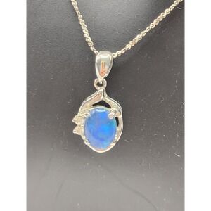 925 Sterling Silver Blue Opal Pendant Necklace Italy Rope Chain 18" CZ Accent